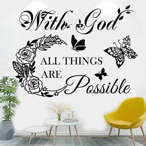 Inspirational God Things are Possible Vinyl Wall Sticker Peel and Stick Quote Bible Sticker Christian Wall Decor Quote Wall Art Stickers for Home Walls Living Room Bedroom Decoration