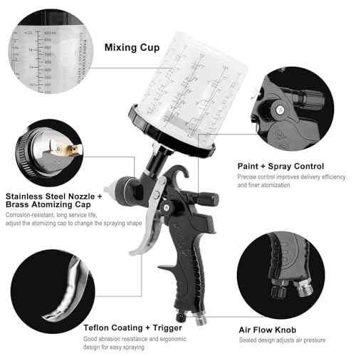 HVLP Spray Gun with 10Pcs 650ML Disposable Paint Cups, Automotive Paint Gun with 1.4/1.7/2.0/2.5mm Nozzles, Gravity Feed Air Paint Gun for Car,House Painting (Black)