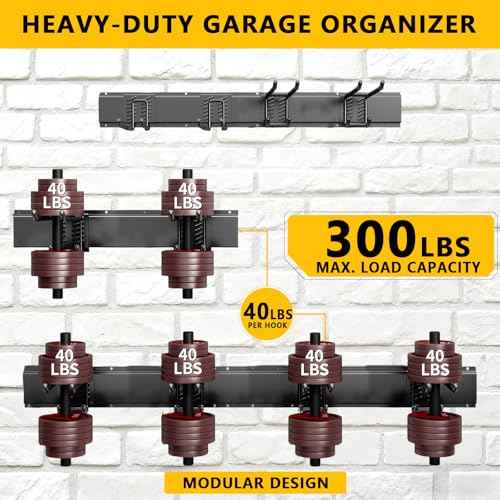 Garage Tool Organizer Wall Mount, 32inch Heavy-Duty Garage Storage System and Garden Tool Organizer with 4 Adjustable Hooks for Shovel, Snowboard, Yard Tools and Shed