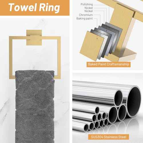 23.6Inch Brushed Gold Towel Bar Set, 10 Pieces Bathroom Accessories Set, SUS304 Stainless Steel Towel Racks Toilet Paper Holder Set for Bathroom Wall Mounted