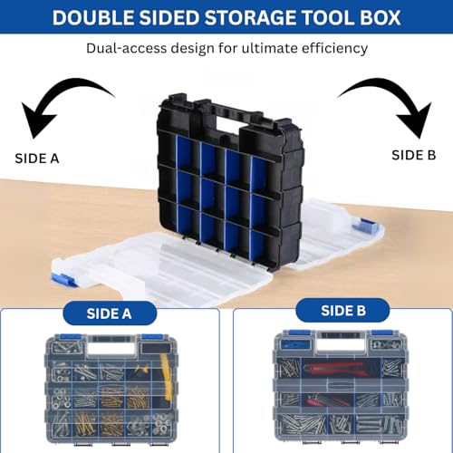 Andalus Tools Organizer Box, Small Parts Storage 34-Compartment Double-Sided Portable Hardware Organizer Removable Plastic Dividers for Screws, Nuts, Bolts, Nails ? Blue (2 Pack, 12.5" x 10.5" x 3")