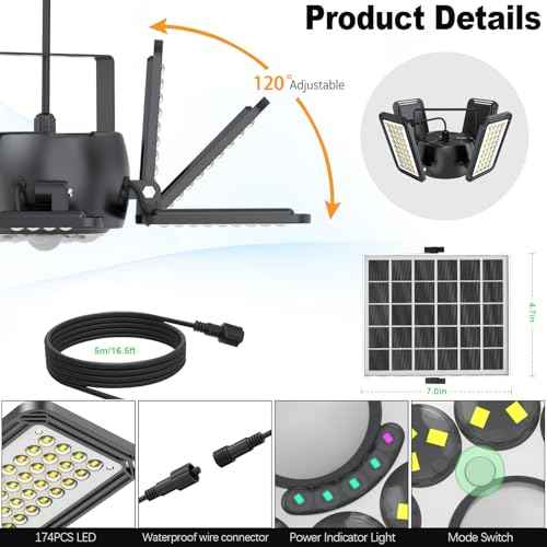 Solar Shed Light Outdoor Indoor Upgrade 1200LM 174LED 4 and 1 Heads Motion Sensor Pendant Light Daytime Work Light with 5 Lighting Modes Remote Control IP65 Waterproof for Barn Gazebo Shop 2 Pack