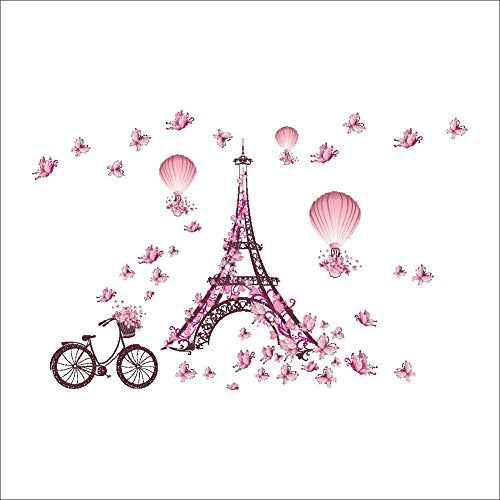BIBITIME Romantic France Paris Eiffel Tower Wall Decals for Girls Room Flower Bike Butterflies Hot Air Balloon Vinyl Sticker Valentine's Day Wedding Couple Bedroom Home Art Mural DIY Peel and Stick