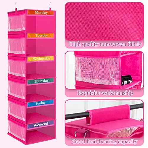 Amylove 2 Pack 6 Shelf Weekly Clothes Organizer for Kids with Side Pocket, 47 Inch Days of The Week Clothes Organizer, Monday to Friday Daily School Outfits Clothing Divider for Kids(Rose Red)