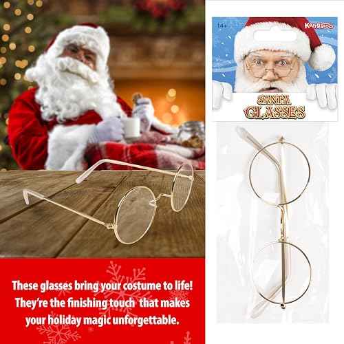 Kangaroo Gold Santa Claus Costume glasses - Round Fake Glasses For Men and Kids - Circular Glasses Spectacles - Metal Frame Plastic Lenses - Non Prescription - Nerd Halloween Cosplay Apparel