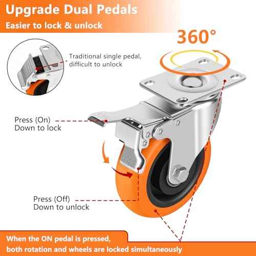 Caster Wheels, 4" Casters Set of 8 Heavy Duty - Update Dual Locking Casters with ON/OFF Tabs (Easier to Operate), Swivel Plate Caster, No Marks Castor Wheels for Carts Furniture and Workbench