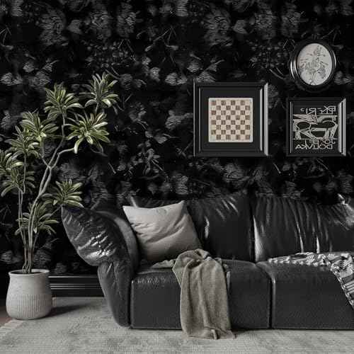 Black Peel and Stick Wallpaper 15.74" x 118.11" Embossed butterfly Vintage Textured Wall Paper Retro Solid Black butterfly Contact Paper Self Adhesive Wallpaper for Countertop Cabinets Bedroom