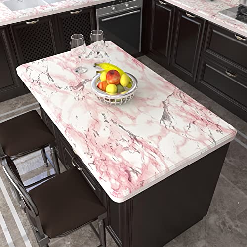 VIOPVERY Pink Marble Contact Paper Self Adhesive 35" x 197", Glossy Vinyl Wrap Waterproof Pink Floral Marble Wallpaper for Countertops Kitchen Cabinet Backsplash, Removable Wall Paper Renter Friendly