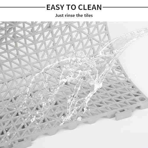 12inx12in Interlocking Drainage Tiles, Premium PVC Non-Slip Floor Mats with Quick-Drain Design for Bathroom, Kitchen, Swimming Pool, Garden,(12 Packs Grey)