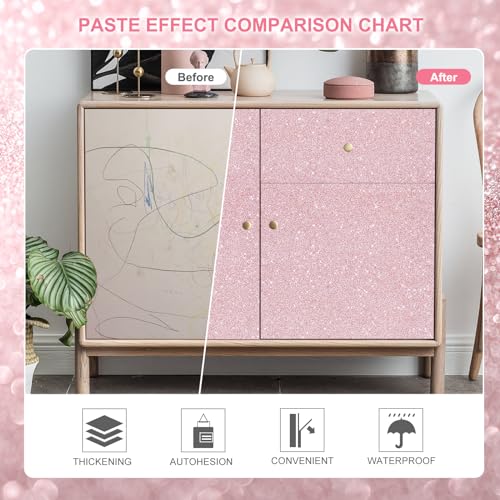 Amiya Pink Glitter Vinyl Contact Paper 17.3"¡¿120" Self Adhesive Sparkly Stick and Peel Wallpaper Decorative Glittery Bling Wallpaper for Bedroom Living Room Walls