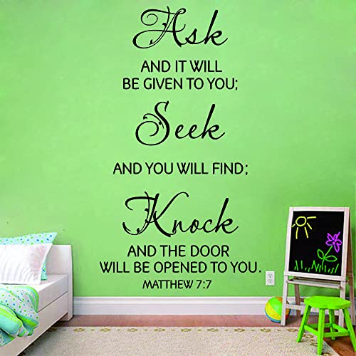 Ask Seek Knock Scripture Wall Art ? Matthew 7:7 Bible Verse Removable PVC Vinyl Sticker ? Inspirational Art for Living Room, Study, Church ? 27"x16" (black-JWH217)