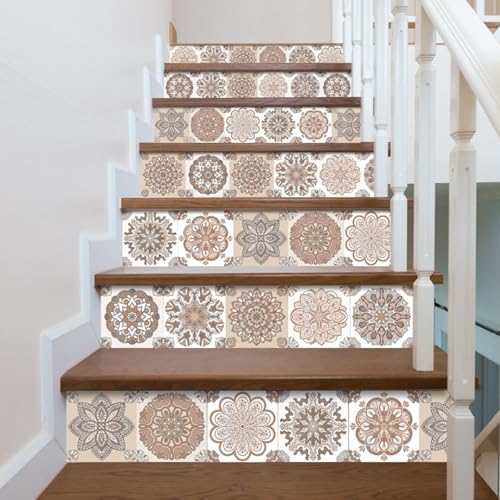 24PCS Mandala Tile Stickers Set, Peel and Stick Wall Tile Wall Decor for Home Bathroom Kitchen,Wall Sticker Backsplash Waterproof PVC Decoration Stickers, 4x4 Inch (Brown)