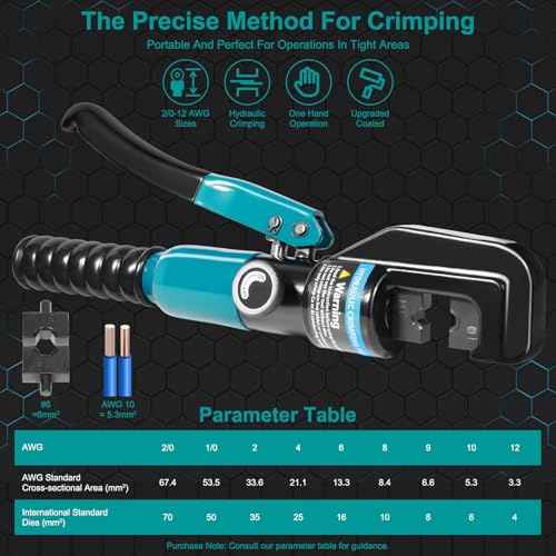 10 Tons Hydraulic Crimping Tool, Hydraulic Crimper for 12 AWG to 2/0 AWG Battery Cable,1/16" 1/8" 3/16" Stainless Steel Cable, Battery Cable Crimper Tool with Cable Cutter & 9 Dies