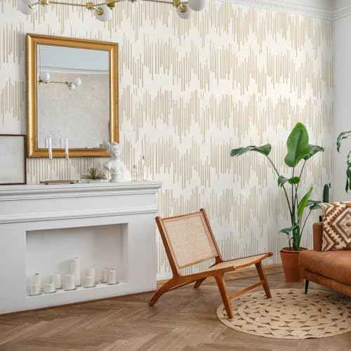 WENMER Beige Striped Wallpaper, Geometric Peel and Stick Wallpaper, 17.7''¡¿118'' Gold Contact Paper, Beige Self Adhesive Removable Wall Paper for Bathroom Cabinets Kitchen