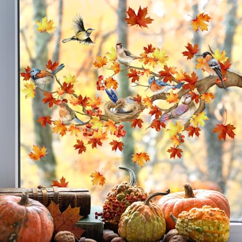 Autumn Maple Leaf Window Clings ? Double-Sided Thanksgiving Tree Branches with Birds & Nest, Removable Fall Glass Door Stickers for Home Bedroom Living Room Farmhouse Decor