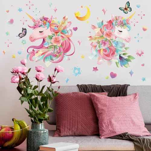 Runtoo Unicorn Wall Decals Pink Rainbow Wall Stickers for Girls Bedroom Baby Nursery Kids Room Birthday Party Decor Gifts