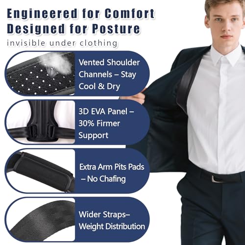 Posture Corrector for Women & Men, Adjustable Upper Back Brace with Anti-Chafing Pads for Neck/Shoulder/Back Pain Relief, Breathable Invisible Posture Brace for Office, Driving, Fitness. (Black, Large)