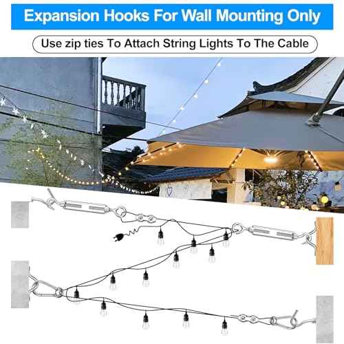 String Light Hanging Kits, 450FT Coated Stainless Steel 304 Wire Rope, Outdoor Black Guy Wire kit w/Expansion Hook, Enough Accessories, Humanized Collocation