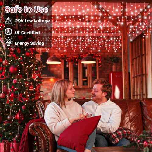 132ft Icicle Lights for Outside, Red and White Christmas Lights Outdoor Indoor, 1280 LED Twinkle With 240 Drops Short Curtain for Thanksgiving Room Home Wall Bedroom Window Decoration