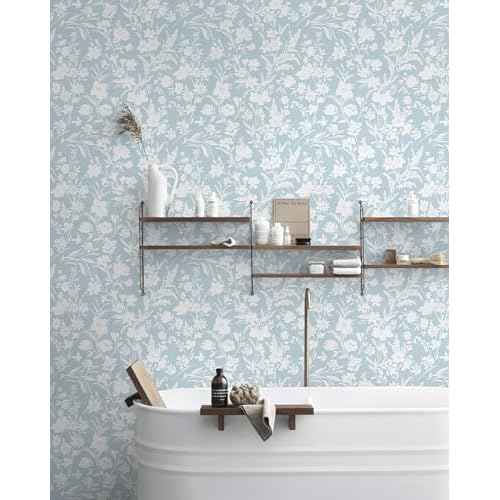 Blue White Wallpaper Peel and Stick Flower Leaf Contact Paper for Bedroom Bathroom Cabinets and Drawers Apartment Temporary Self Adhesive Removable Waterproof Boho Decorative Vinyl 17.3"x118"