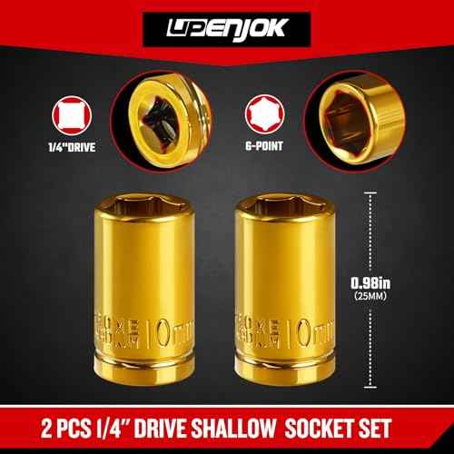2-Pack 1/4" Drive 10mm Shallow Socket Set - Gold Plated CR-V Steel, 6-Point Design, Anti-Corrosion, for Automotive & DIY