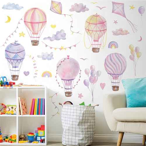 Large Hot Air Balloon Wall Decals Stars Clouds Balloon Vinyl Wall Stickers Colorful Kites Rainbow Wall Art Stickers for Kids Baby Nursery Bedroom