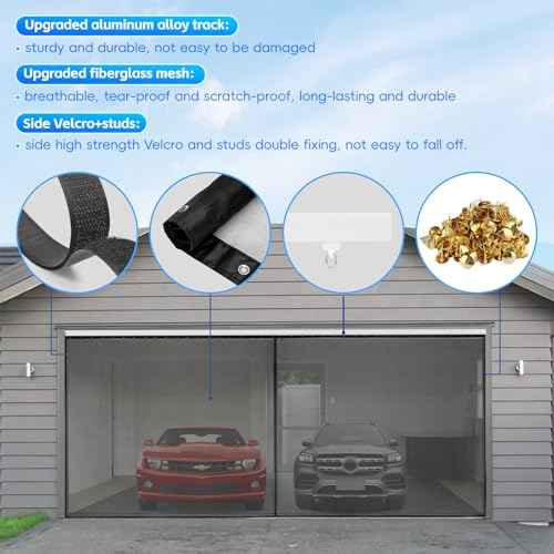 Sliding Garage Door Screen with Track for 2 Car,16 * 7 FT Garage Screen Door Retractable Privacy Garage Door Curtain Keep Annoying Animals Out,Heavy Duty Fiberglass Mesh Sliding Garage Screen