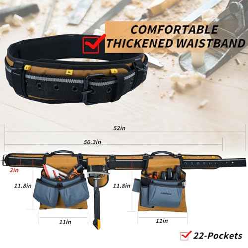 KUNN Carpenter Tool Belt with Suspenders Pro Framer Suspension Tool Rig for Construction Contractors and Electrician,Khaki