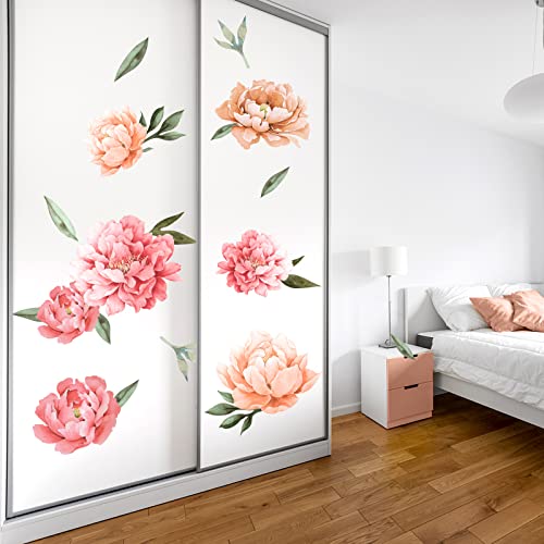 Peony Flowers Wall Decals, Watercolor Elegant Peonies Rose Floral Wall Stickers, FODIENS Pink Blossom Flower Wallpaper Art Applique for Living Room Bedroom Girls Room