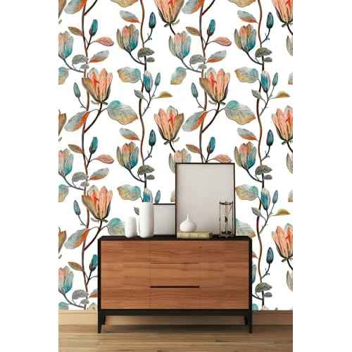 Magnolia Floral Leaf Peel and Stick Wallpaper Vintage Contact Wall Paper Modern Botanical Self Adhesive Vinyl Removable Renter Friendly Leaves Wallpaper 17.7in x 6.6ft
