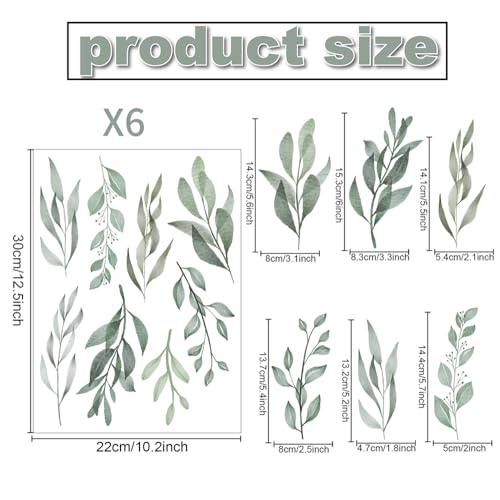 96 Pcs Sheets Pack Ink-Wash Style Self-Adhesive Waterproof Vinyl Wall Stickers-12 Sheet Leaf Decals for Wall Decor in Living Room/Cafe/Nursery/Bedroom/Office(Pastoral stylel)