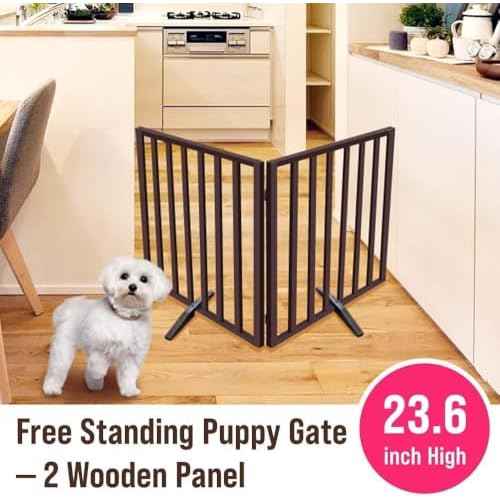 Japard Dog Gate 2 Panels - Foldable Indoor Fence Freestanding with Support Feet, 24 in Tall 35.4" Wide, Suitable for Small Pets, Cats, Rabbits, Puppy, Wood Brown