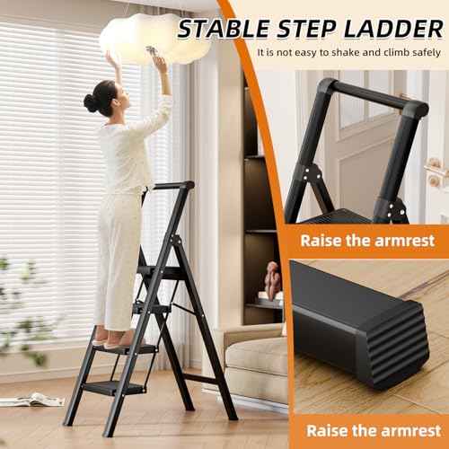 4 Step Ladder,Folding Step Stool with Widen Anti-Slip Pedals,Sturdy Carbon Steel Ladder,Convenient Handrail Heavy Duty Step Stool of 330lbs Capacity Step Stools for Adults Kitchen +1