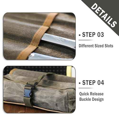 Canvas Tool Roll, Heavy Duty 16oz Waxed Canvas Wrench Roll - with Regular Tool Slots + 2 Zippered Pockets - Army Green, Portable Roll Up Wrench Organizer for Craftsman Contractor Repairman Gardener