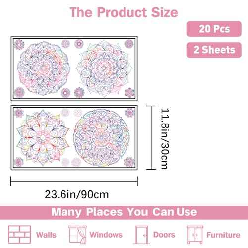 PLIGREAT 2 Sheets Purple Mandala Wall Decal Removable Vinyl Wall Sticker for Bedroom Living Room Yoga Studio Background Wall Mural Decor DIY Creative Art Bohemian Home Indoor Decorative