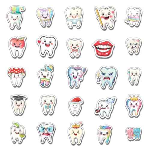Pack 50 Pcs Cute Tooth Dentist Stickers for Water Bottles Funny Laptop Luggage Computer Scrapbooking Kids Teens Girls Boys Adults Aesthetic Waterproof Sticker Small Vinyl Decals