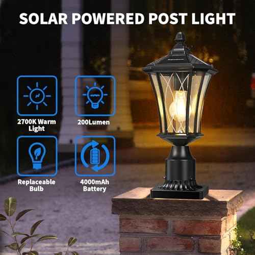 YSN 16" Solar Post Lights Outdoor, Dusk to Dawn Outdoor Post Lights with Pier Mount Base, Black Solar Lamp Posts Light Fixture, Waterproof Light Posts for Outside Yard Garden Patio, 1 Pack