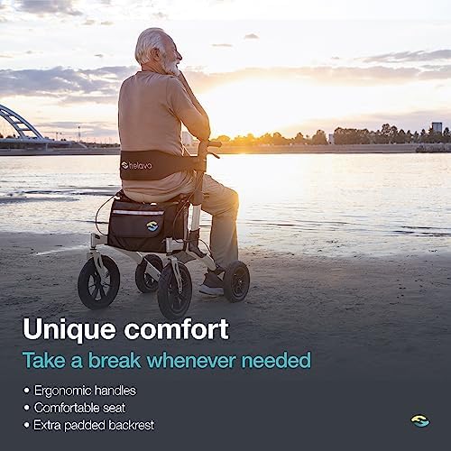 Helavo All Terrain Walker with Puncture-Proof, Flat-Free Solid Rubber Tires, 12" Wheels - Foldable Outdoor Walker for Seniors with Seat, Ergonomic Handles and Extra Padded Backrest