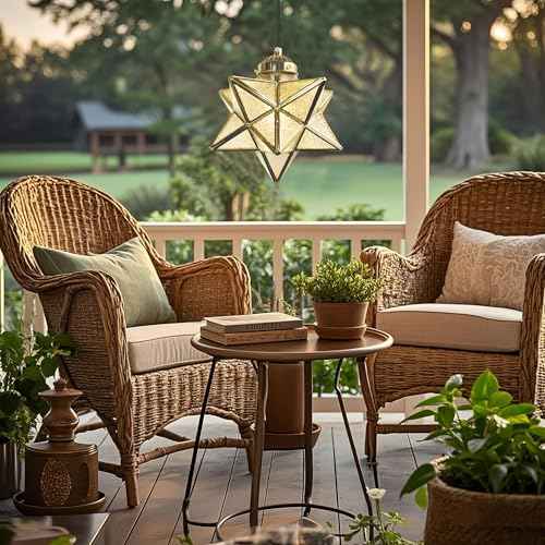 Gold Moravian Star Pendant Light with Brass Shade,16.5ft Plug-in Hanging Light Fixture with Switch, Farmhouse Brass Lighting for Kitchen Island, Bedroom, Hallway, Porch (LED Bulb Included)
