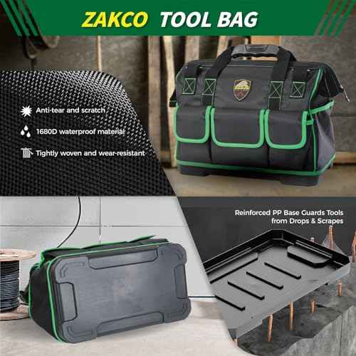 ZAKCO 16 inches Top Opening Tool Tote, 1680D Durable Tool Organizer for Plumber, Electrician, Handyman, HVAC Technicians Tool Bag, Tool Carrying Case with Padded Strap, Green