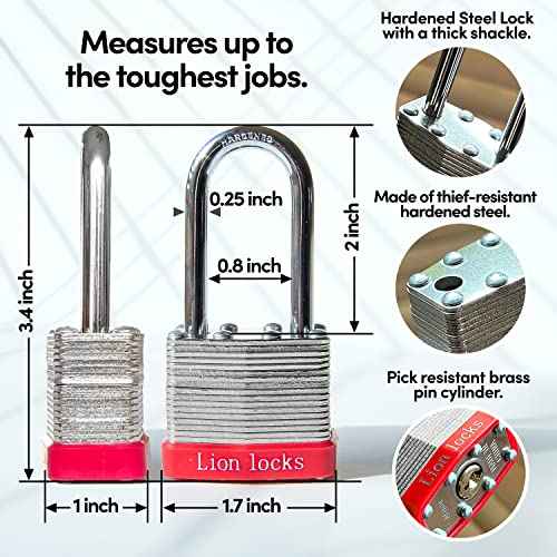 Lion Locks 6 Keyed Alike Padlocks with 2" Long Shackle, 12 Keys - Padlocks for Outdoor Use, Locks with Keys, Hardened Steel Case, Pick Resistant Brass Pin Cylinder for Hasp Latch, Locker, Gate