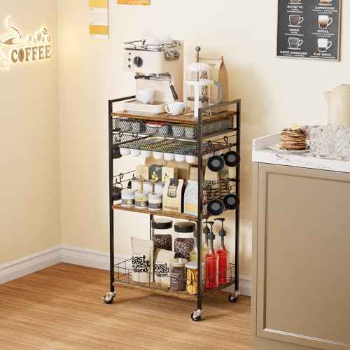 Coffee Bar Station with Storage Drawer - 5 Tier Coffee Table Countertop Organizer for K Cups, Tea Bags, Sugar Storage and Kitchen Cabinets (Brown)
