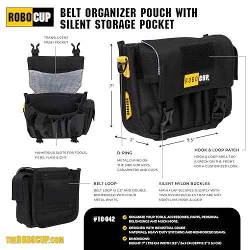 ROBOCUP AC Belt Organizer Pouch with Silent Main Storage Pocket, Two Nylon Buckles, Hook&Loop Patch Area, Metal D-Ring, Multiple Tool Slots, Designed for Professionals Working in Film, TV and Photo