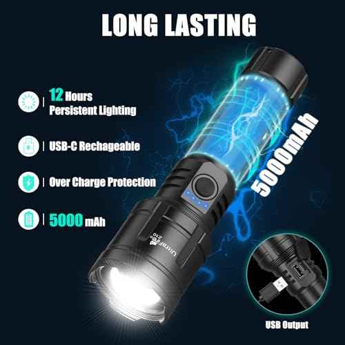 ULTRAFIRE Flashlights High Lumens with Ignition Lens, 1500 LM Super Bright Zoomable Tactical Flashlight with Holster, Reverse Charging, 3 Modes LED Rechargeable Flash Light for Camping, Emergency