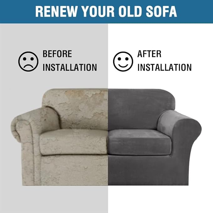 H.VERSAILTEX High Stretch Sofa Slipcover 4 Piece Cover Velvet Furniture Protector Form Fit Thick Velvet Extra Large Sofa Cover for 3 Cushion Couch Width Up to 97 Inch (Large Sofa, Grey)