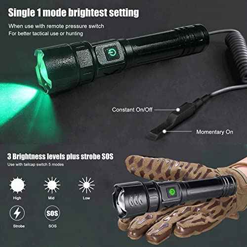 VASTFIRE USB-C Rechargeable Green Flashlight Zoomable 1000 Yard Pressure Switch Scope Rail Mount Hogs Predators Night Hunting