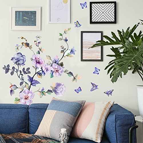 hanlongyu Purple Flower Wall Decals, Removable Fresh Flower Wall Stickers Peel and Stick Removable DIY Floral Butterflies Decals Tree Leaves Plant Wall Art Stickers Murals for Home Decor