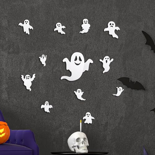 24pcs 3D Ghost Stickers - Reusable Cute Halloween Decor - Self-Adhesive White Ghost Wall Stickers for Gothic Window, Door, Wall, Room, Closet