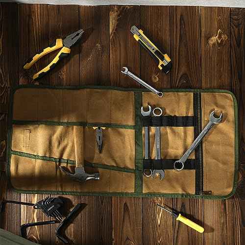 Canvas Tool Roll, Portable Roll Up Tool Pouch - 16OZ Waxed Canvas Wrench Organization | with 12 Slots & Elastic Band & 1 Zippered Pocket | for Pliers Chisels Spanners Screwdrivers