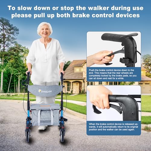 Lightweight Rollator Walker All-Terrain Ultra Compact One-Click Folding with seat and Adjustable Height backrest, 300 lbs Capacity, 8" Wheels for Seniors, Adults, bariatric, Includes Cane Holders